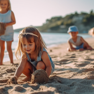 dzieci się bawią w piasku na plaży