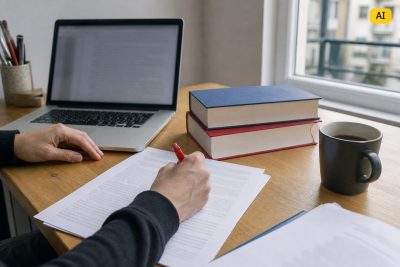 Dłonie z czerwonym długopisem nad wydrukiem tekstu przy laptopie (grafika wygenerowana przez AI)